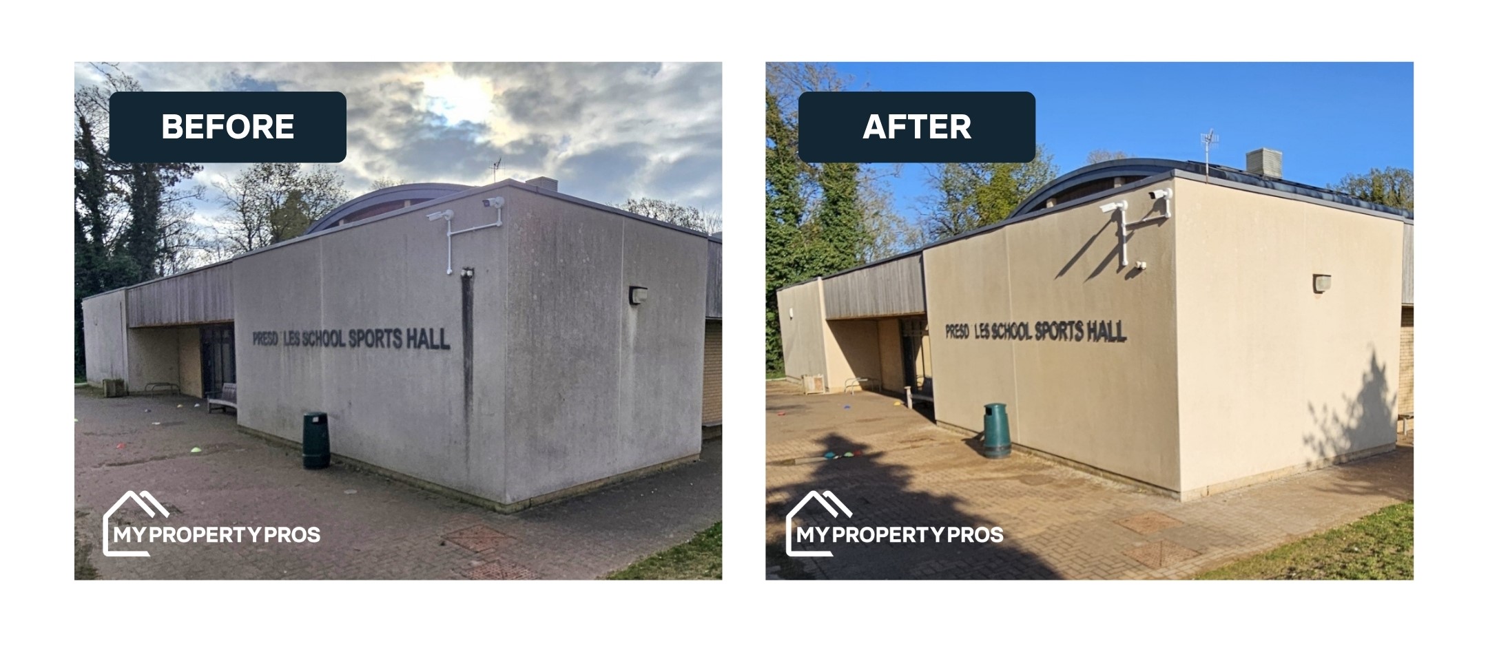 A recent My Property Pros soft wash at a local school sports hall